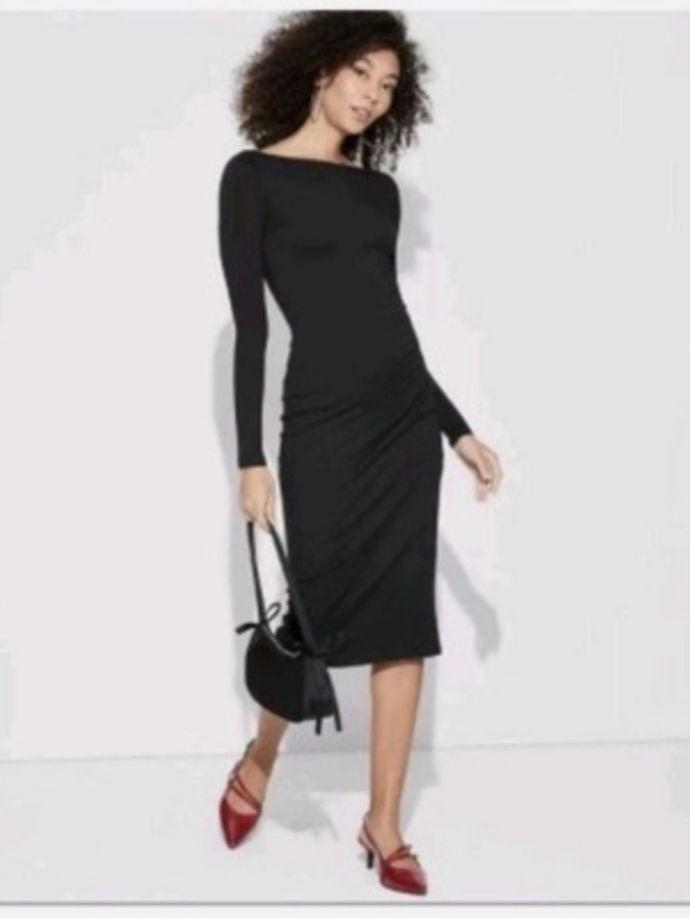 wild fable Black Long-Sleeve Boatneck Midi Dress